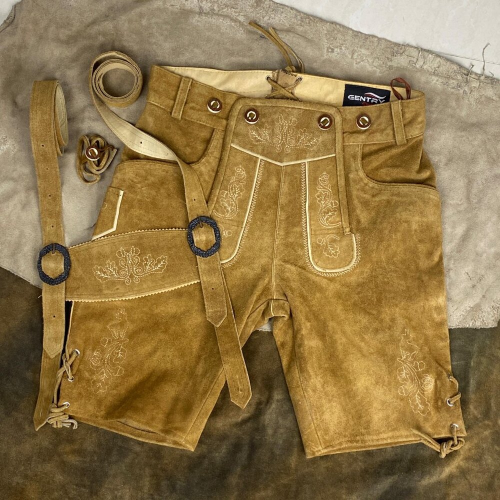 Entry Men’s Tan Suede Lederhosen with Embroidered Front and Suspenders